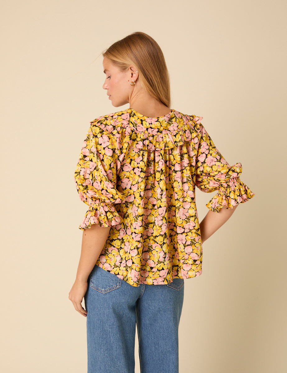 Yellow Floral Short Sleeve Blouse