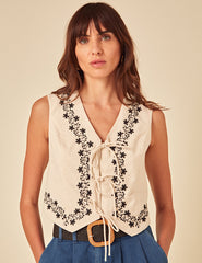 Beige Floral Embroidered Waistcoat