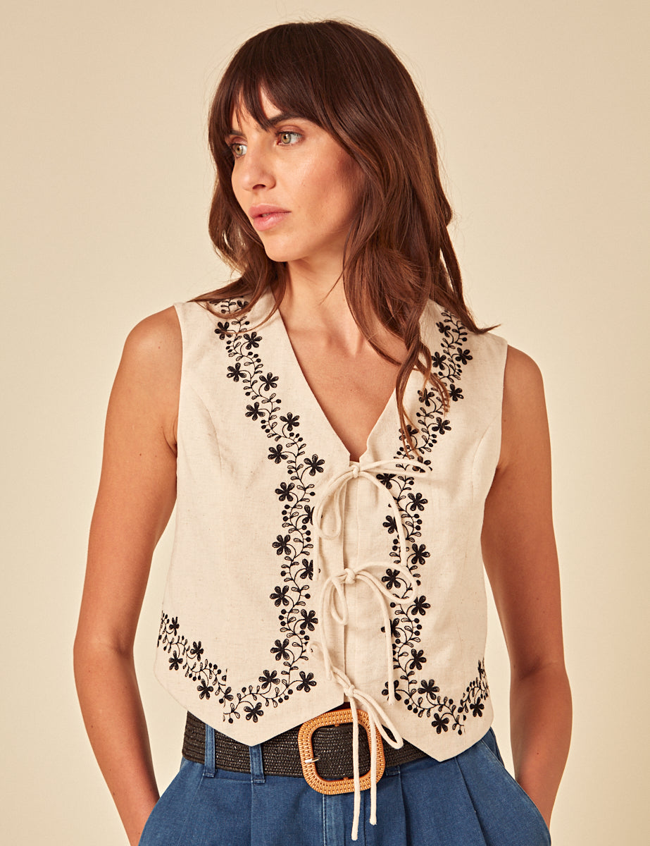 Beige Floral Embroidered Waistcoat