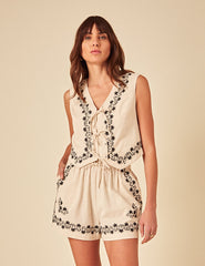 Beige Floral Embroidered Waistcoat