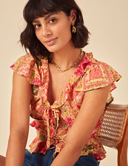 Yellow Patchwork Print Frill Top