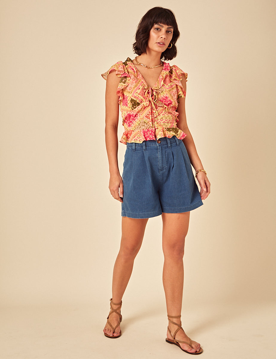 Yellow Patchwork Print Frill Top