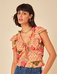 Yellow Patchwork Print Frill Top