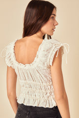 Cream Embroidered Tie Front Top