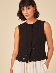 Black Sleeveless Broderie Anglaise Top