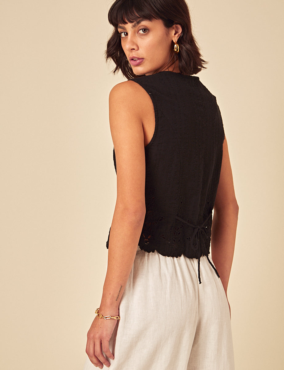 Black Sleeveless Broderie Anglaise Top