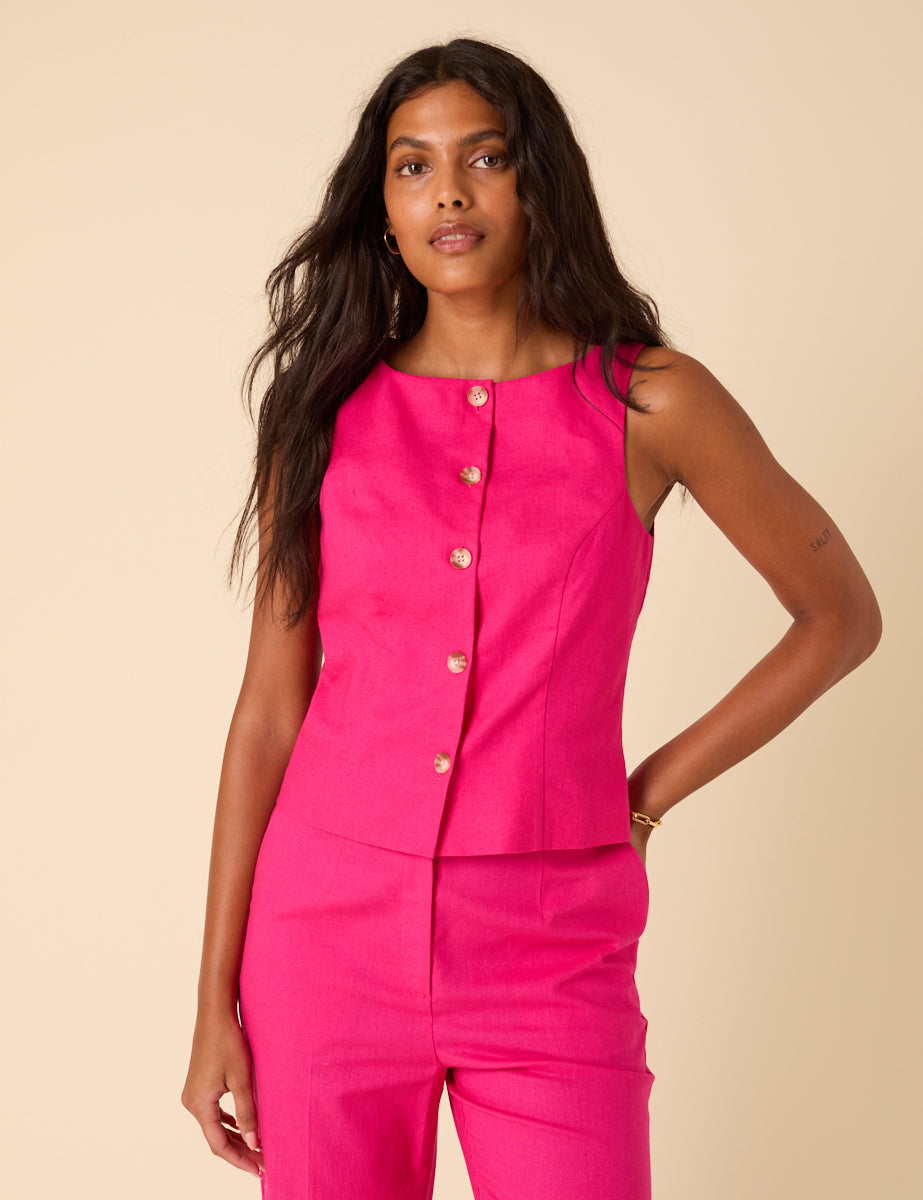 Pink Linen-blend Tailored Waistcoat