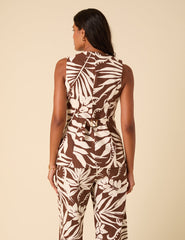 Brown Floral Linen-blend Longline Waistcoat