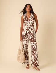 Brown Floral Linen-blend Longline Waistcoat