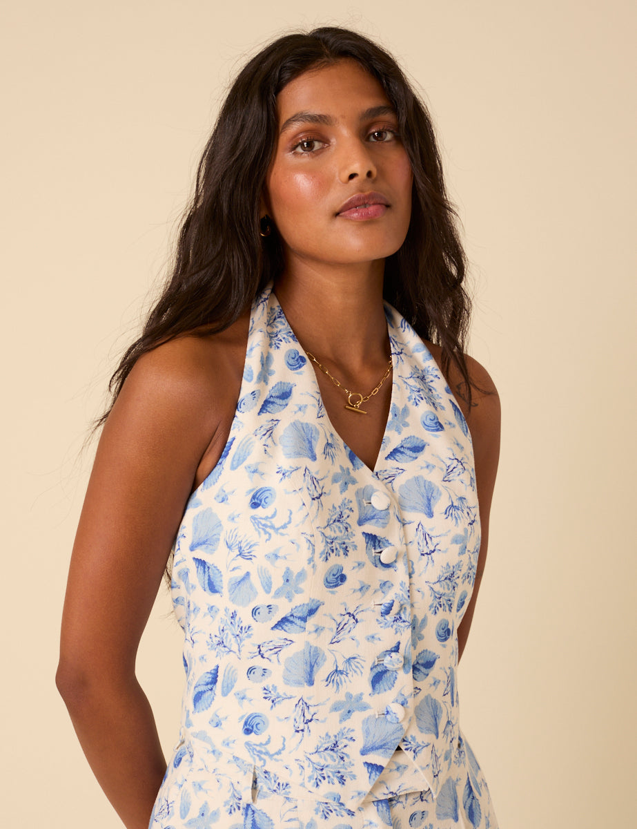Blue Shell Print Halter Neck Waistcoat