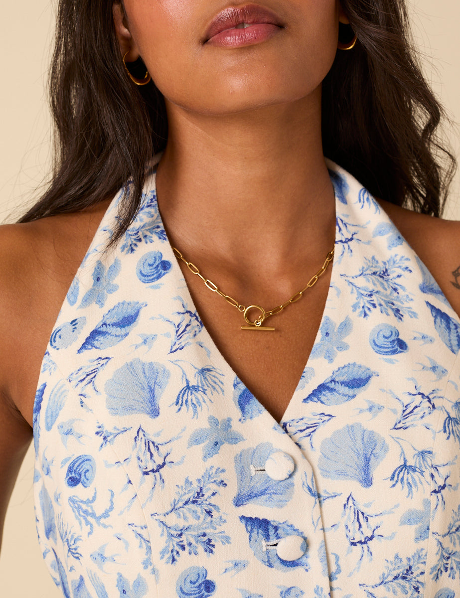 Blue Shell Print Halter Neck Waistcoat