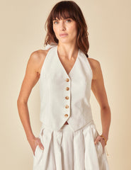 White Linen-blend Halter Neck Waistcoat