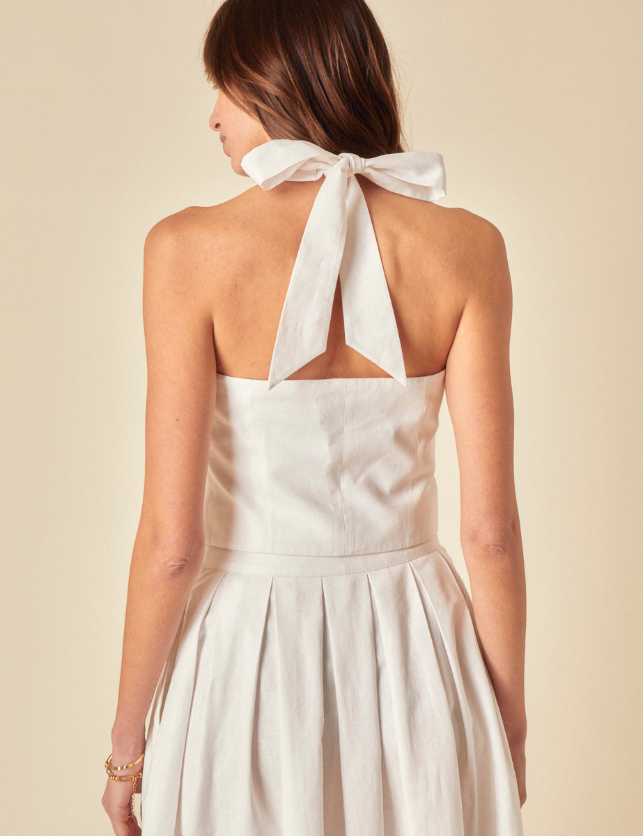 White Linen-blend Halter Neck Waistcoat