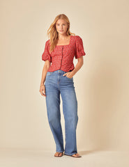 Red Floral Puff Sleeve Top