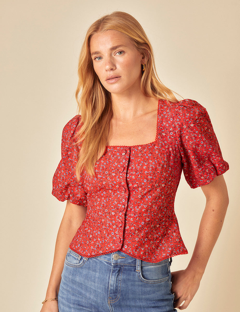 Red Floral Puff Sleeve Top