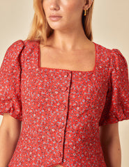 Red Floral Puff Sleeve Top