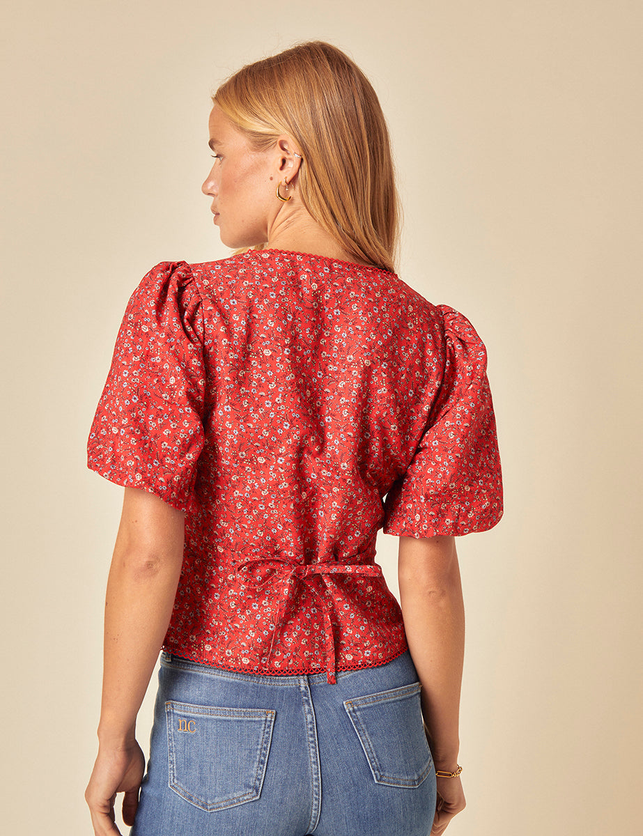 Red Floral Puff Sleeve Top