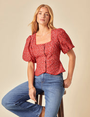 Red Floral Puff Sleeve Top