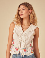 White Floral Embroidered Sleeveless Top