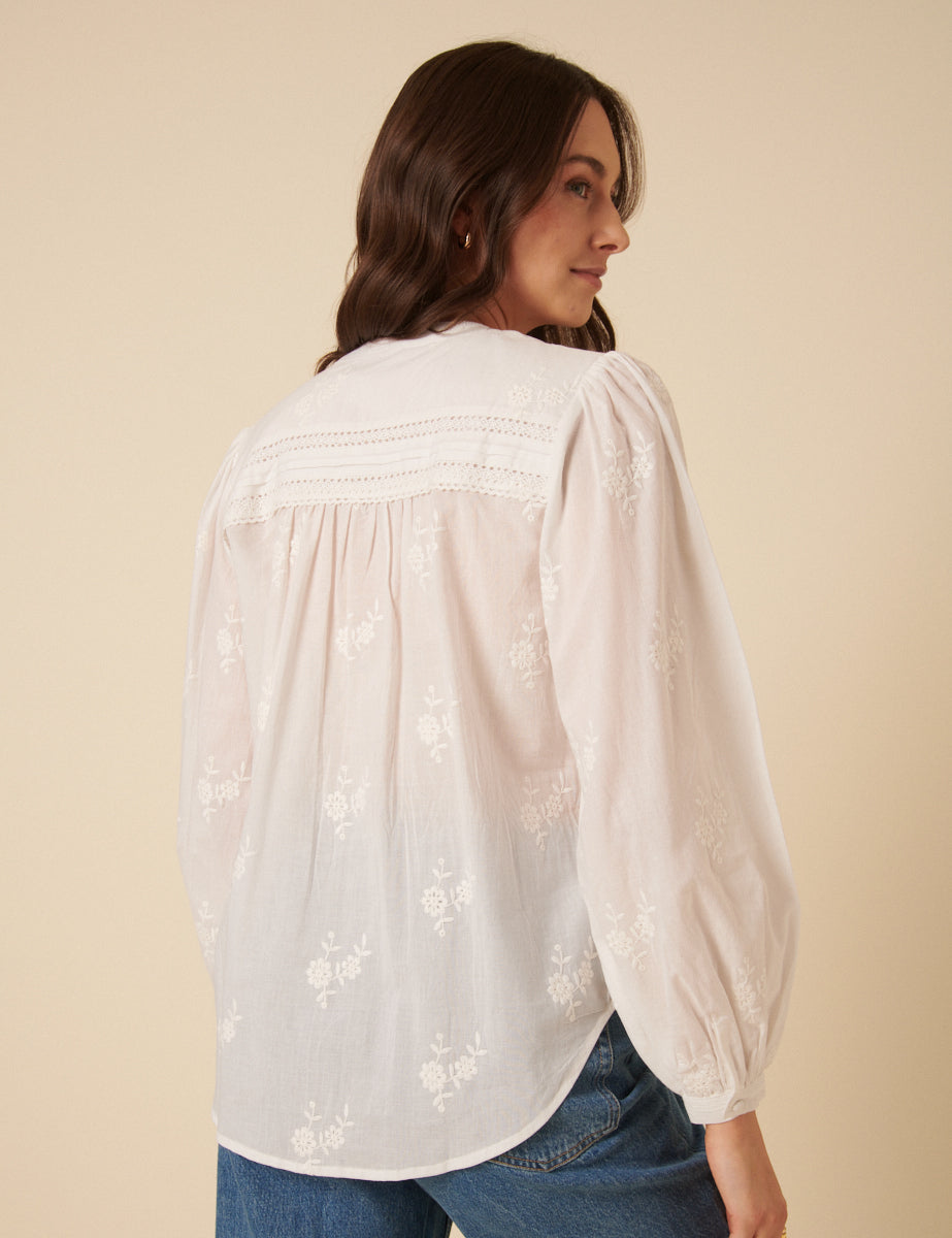 White Floral Embroidered Broderie Anglaise Blouse