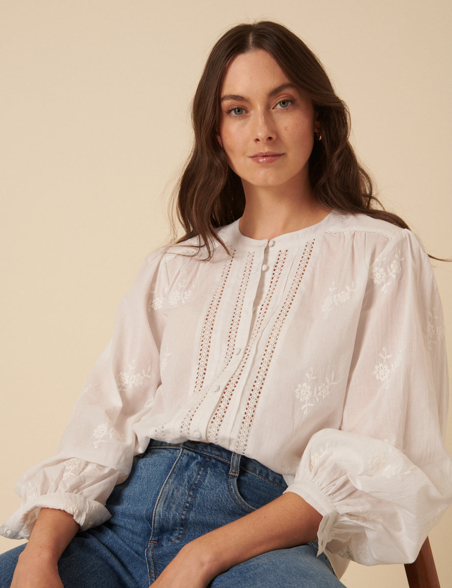 White Floral Embroidered Broderie Anglaise Blouse
