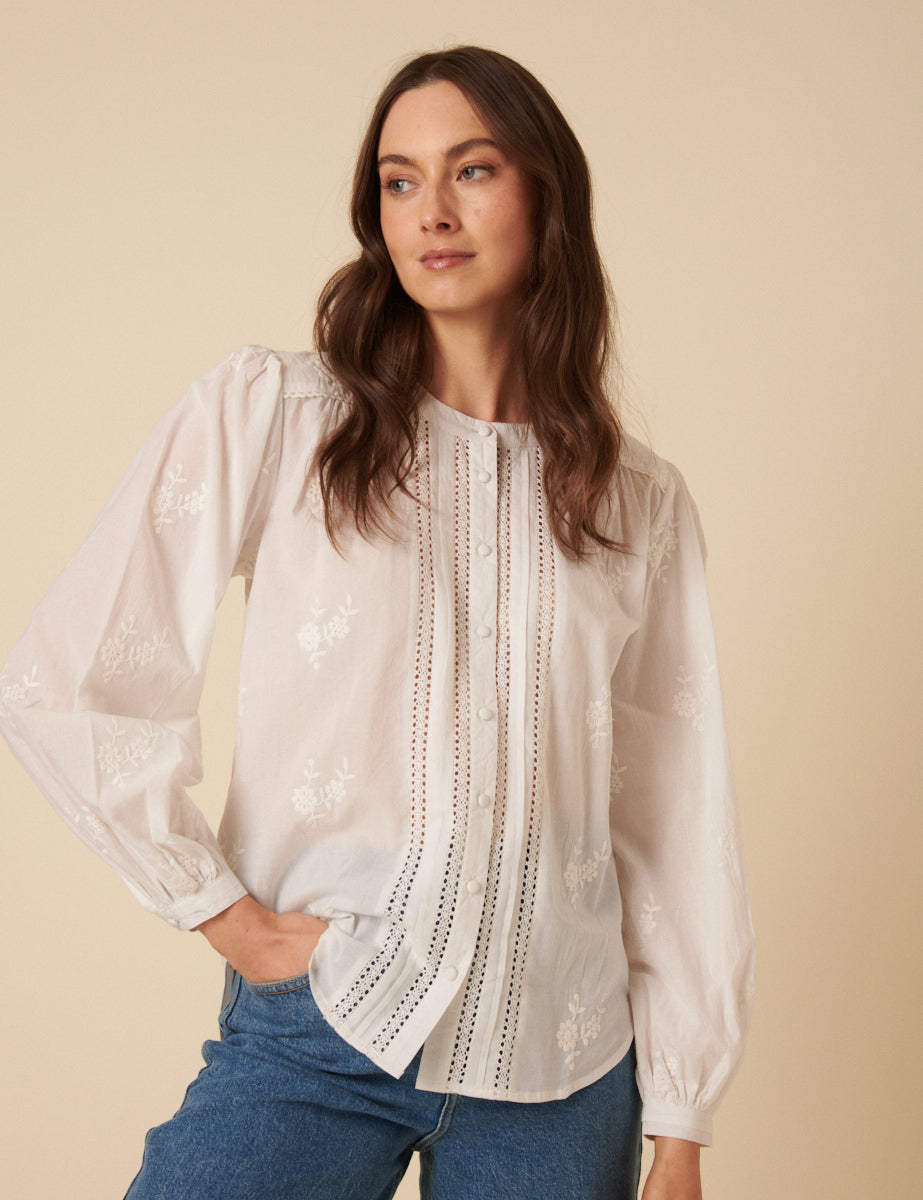 White Floral Embroidered Broderie Anglaise Blouse