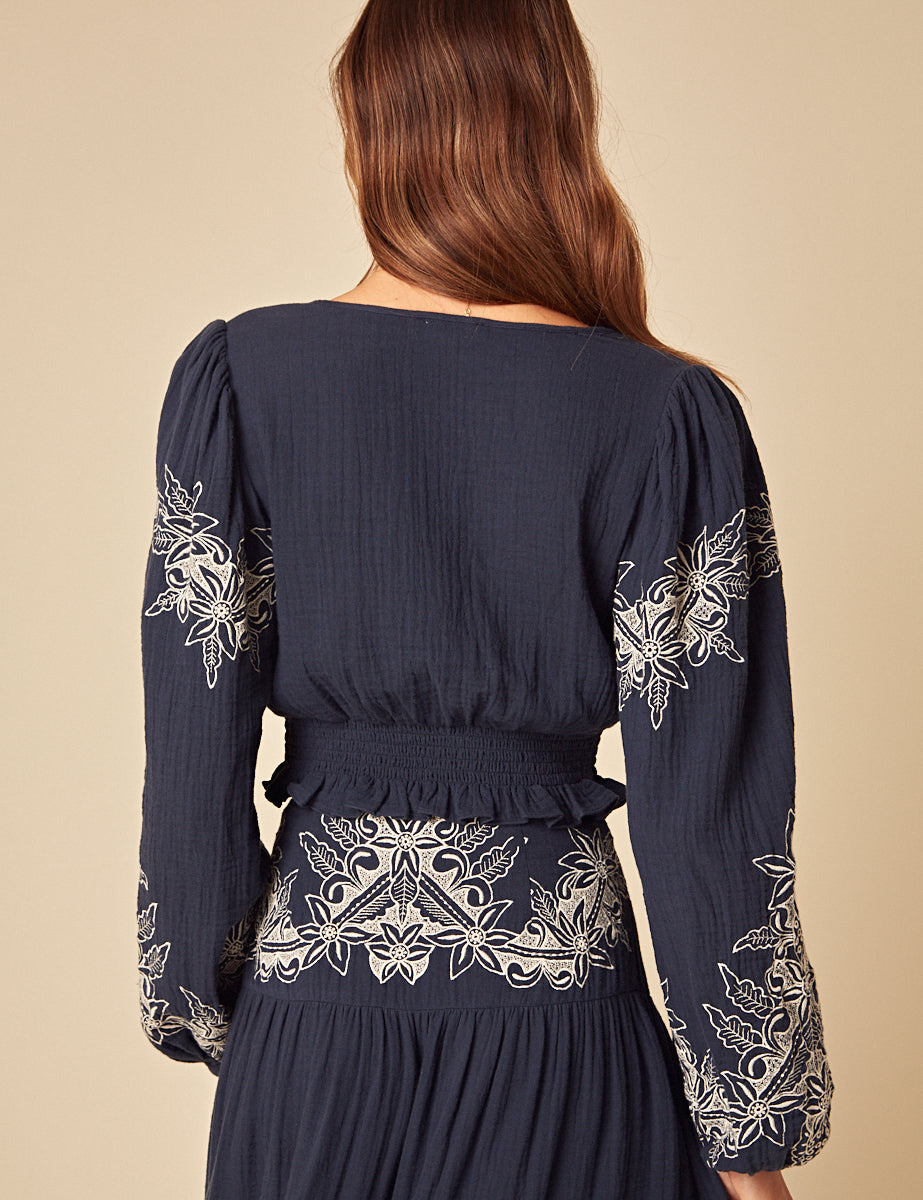 Navy Embroidered Tie Front Top