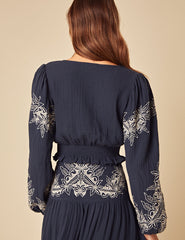 Navy Embroidered Tie Front Top