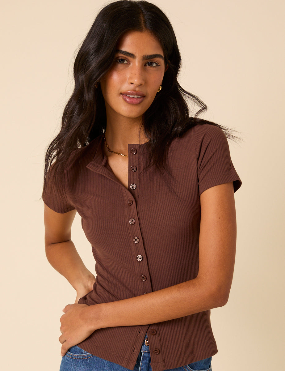 Brown Ribbed Button Down Jersey Top