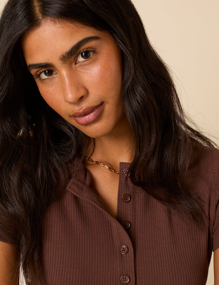 Brown Ribbed Button Down Jersey Top