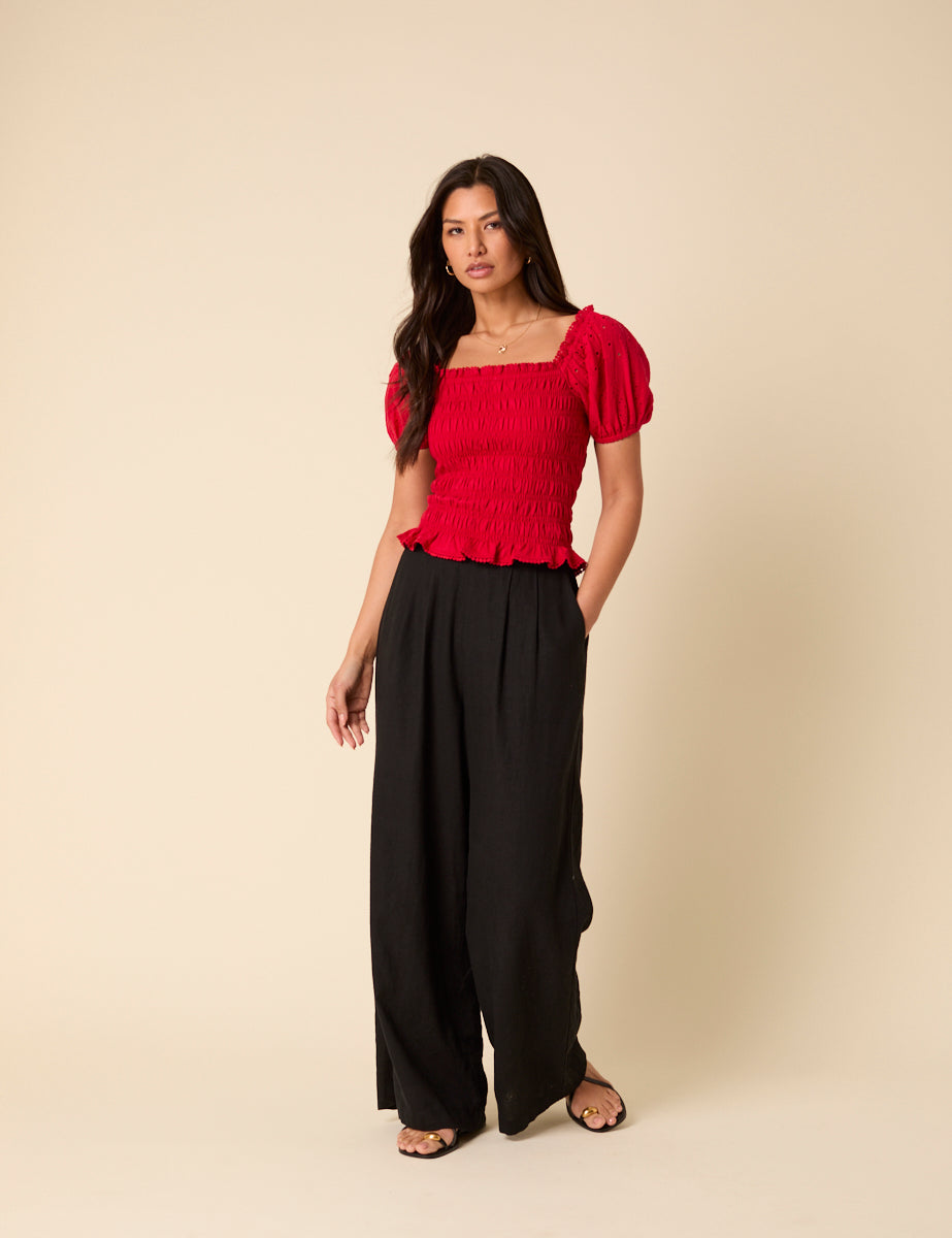 Red Puff Sleeve Ruched Top