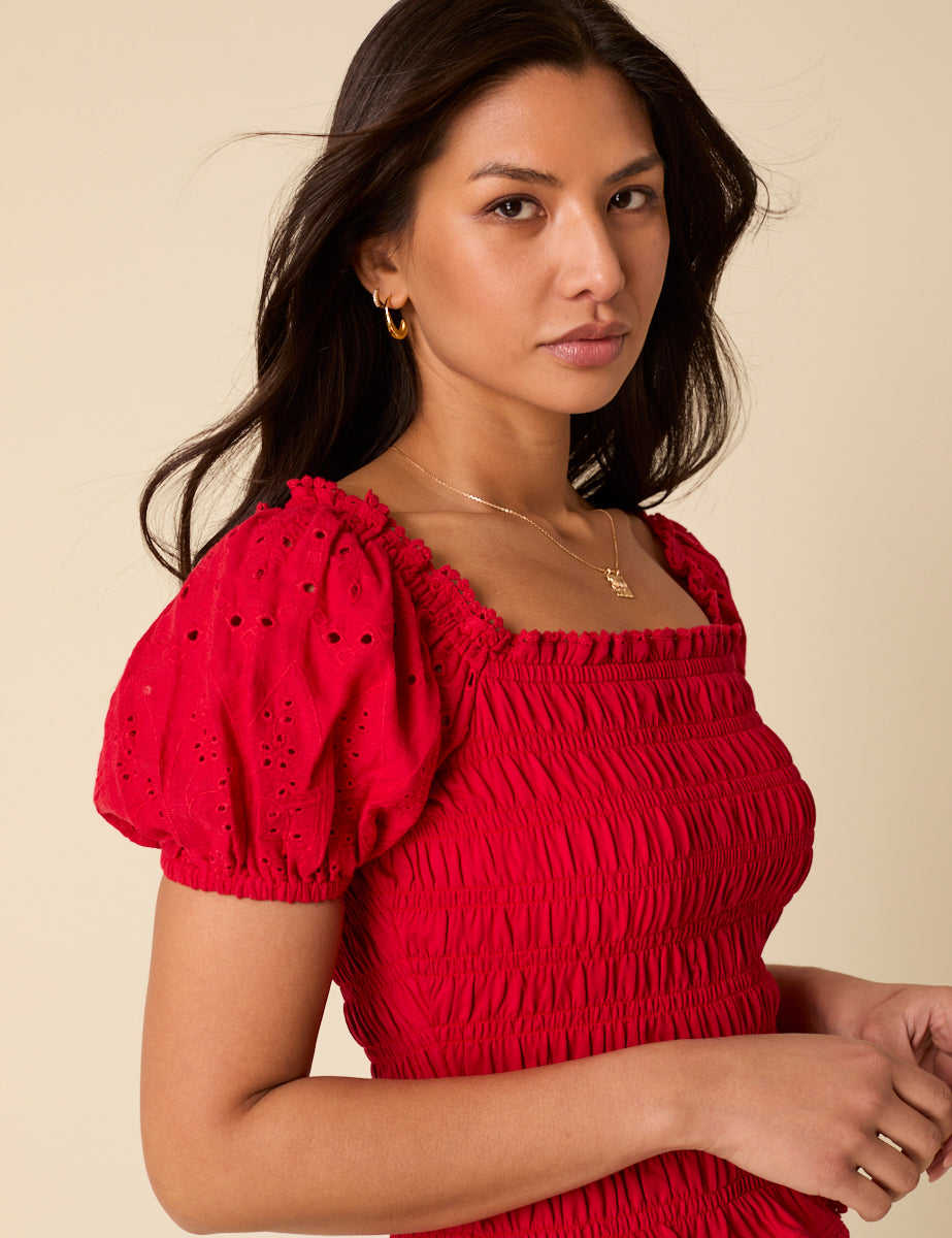 Red Puff Sleeve Ruched Top
