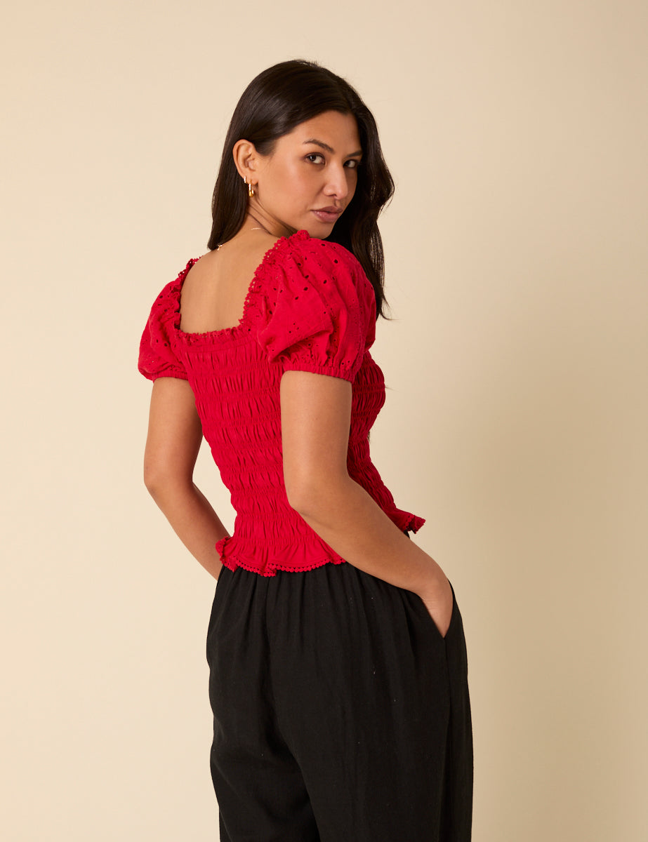 Red Puff Sleeve Ruched Top