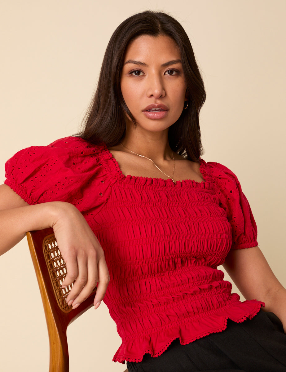 Red Puff Sleeve Ruched Top