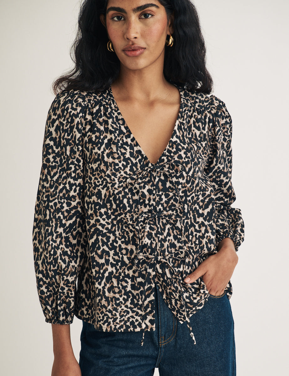 Leopard Print Tie Front Long Sleeve Bernadetta Top