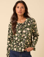 Black Floral Ruffle Collared Blouse