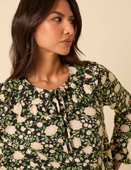 Black Floral Ruffle Collared Blouse