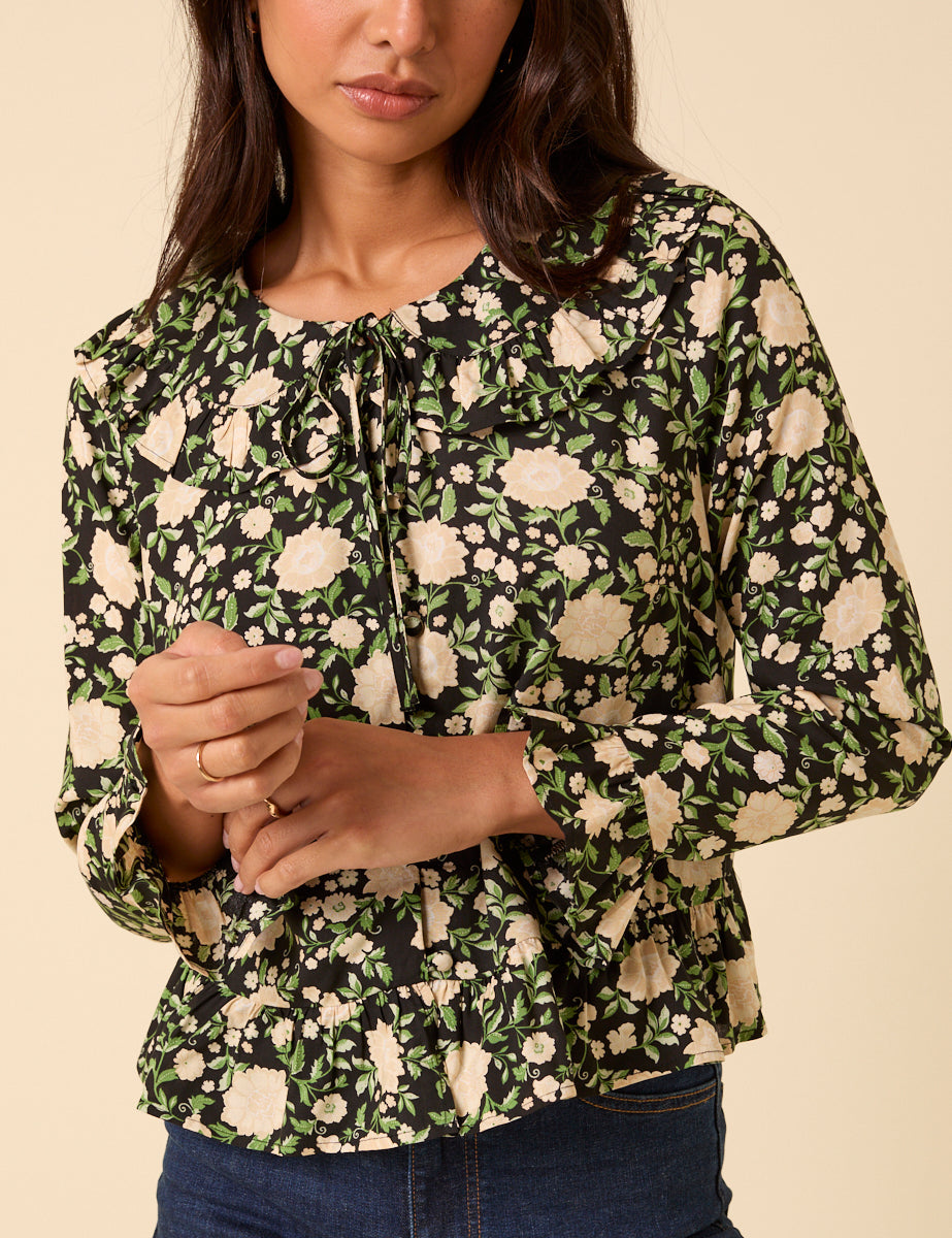 Black Floral Ruffle Collared Blouse
