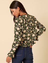 Black Floral Ruffle Collared Blouse