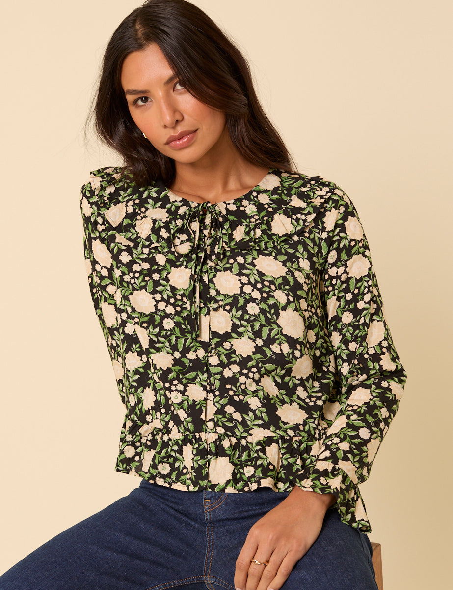 Black Floral Ruffle Collared Blouse