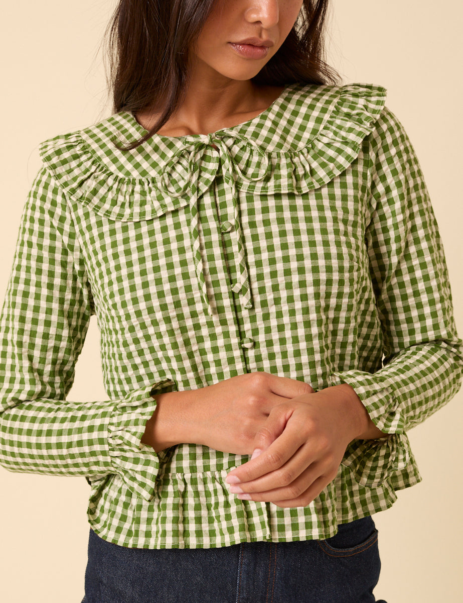 Green Gingham Ruffle Blouse
