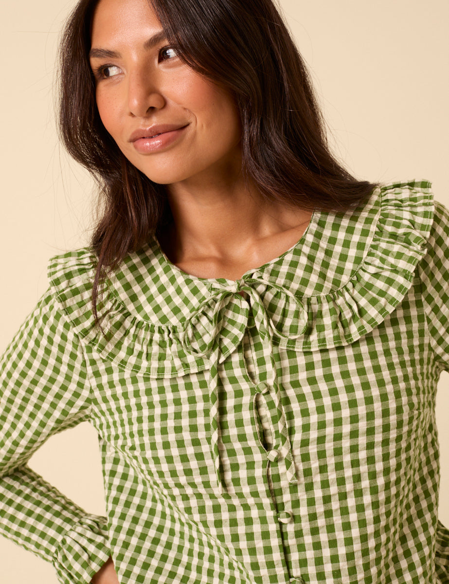 Green Gingham Ruffle Blouse
