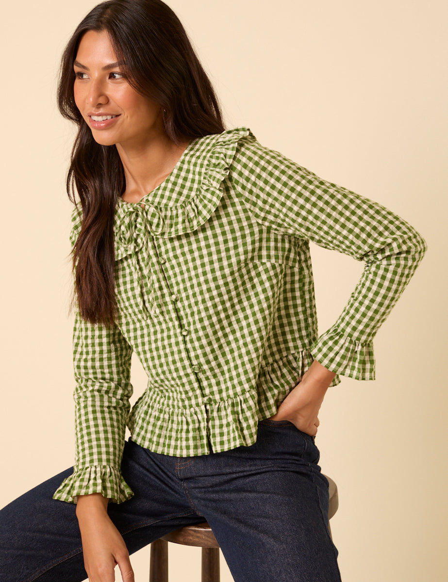 Green Gingham Ruffle Blouse