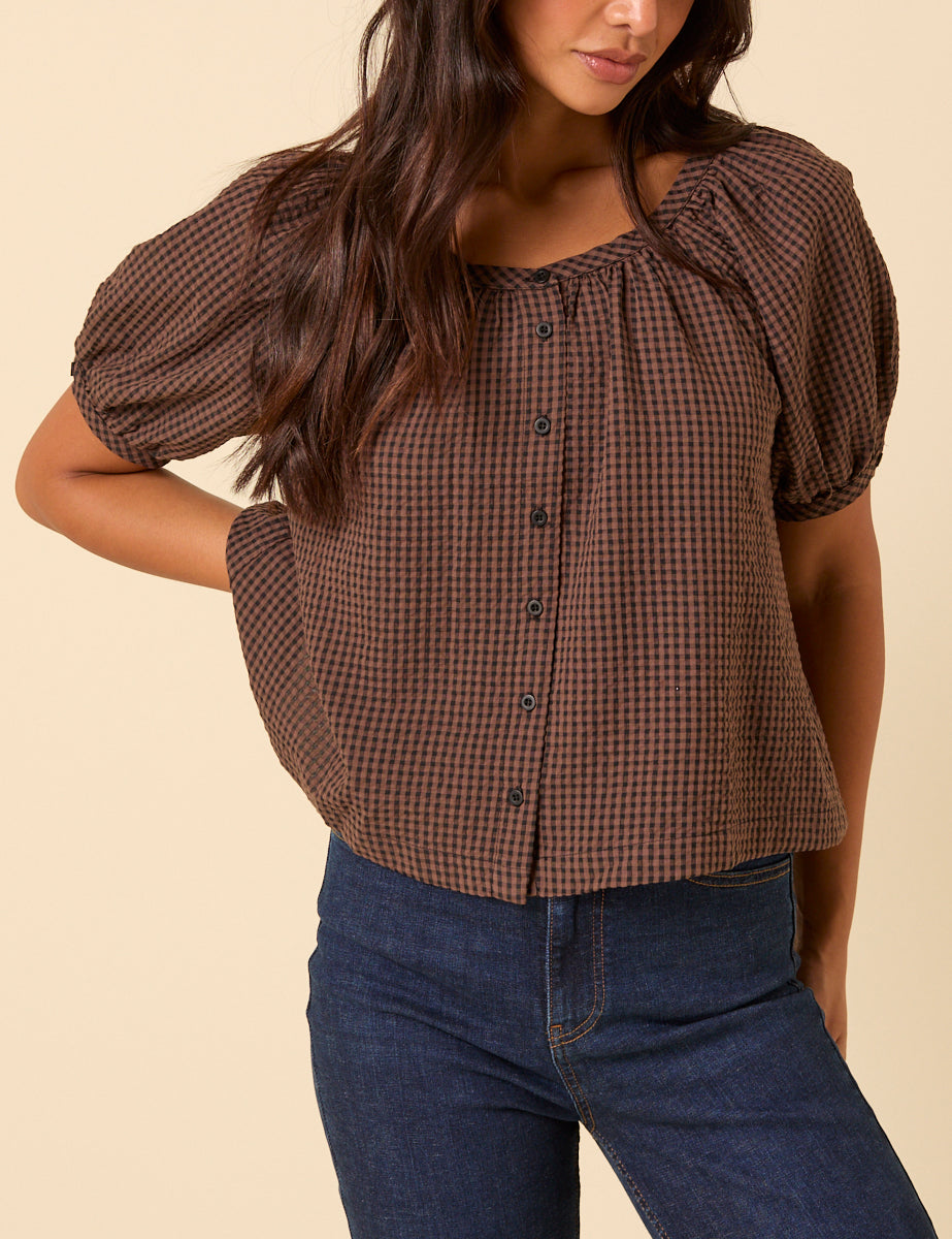 Brown Gingham Puff Sleeve Top