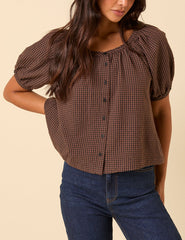 Brown Gingham Puff Sleeve Top