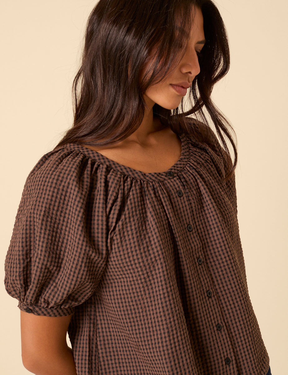 Brown Gingham Puff Sleeve Top