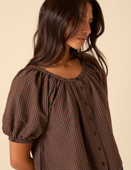 Brown Gingham Puff Sleeve Top