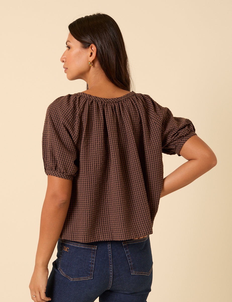 Brown Gingham Puff Sleeve Top