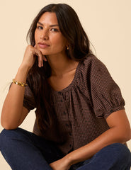Brown Gingham Puff Sleeve Top