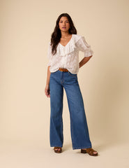 White Embroidered Frill Blouse